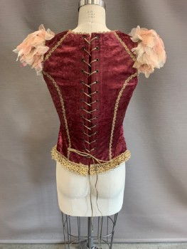 Womens, Historical Fiction Piece 1, MTO, Red Burgundy, Synthetic, W:30, B:34, H:36, Victorian Circus, Velvet, Round Neck, Cap Sleeves Ivory Panel On Center Front With Burgundy Black, & Gold Floral Emobridery & Beading, Pink Tulle Ruffles On Shoulders, Gold Trim, Lace Up Back