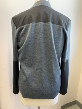 THEORY, Gray, Black, Wool, Polyester, Solid, Zip Cardigan with Nylon Patched on Shoulder, and Back of Forearms, 2 Slash Pockets with Nylon Trim