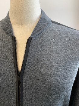 Mens, Cardigan Sweater, THEORY, Gray, Black, Wool, Polyester, Solid, L, Zip Cardigan with Nylon Patched on Shoulder, and Back of Forearms, 2 Slash Pockets with Nylon Trim