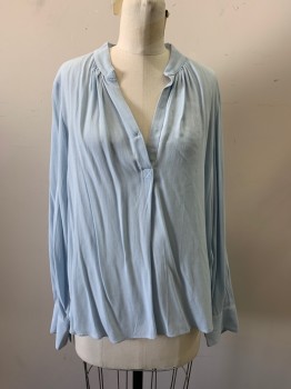 ZADIG & VOLTAIRE, Baby Blue, Viscose, Solid, Band Collar, Half Placket, Long Sleeves, Gathered Neckline