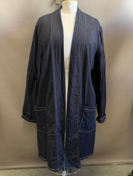 MTO, Indigo Blue, Cotton, Spandex, Solid, Open Front, 2 Pockets, Yellow Stitching, Duster, Slight Wear at Cuffs and Pockets