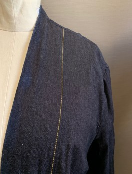 Womens, Jean Jacket, MTO, Indigo Blue, Cotton, Spandex, Solid, 2 X, Open Front, 2 Pockets, Yellow Stitching, Duster, Slight Wear at Cuffs and Pockets