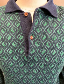 Mens, Sweater, MENS STORE, Navy Blue, Dk Green, Acrylic, Wool, Diamonds, M, L S, Polo, 2 Buttons,
