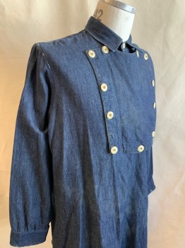 Mens, Historical Fiction Shirt, VENICE CUSTOM SHIRTS, Denim Blue, Cotton, Solid, 34, 16.5, C.A., Barn Door Style Front with Cream Btns, L/S, Lightly Aged, Raw Edge Hem