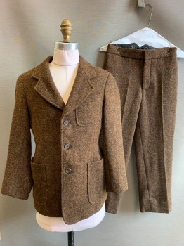 Childrens, Piece 1, 1890s-1910s, NO LABEL, Brown, Green, Wool, 2 Color Weave, 30, 3 Buttons, Single Breasted, Notched Lapel, 3 Pockets,