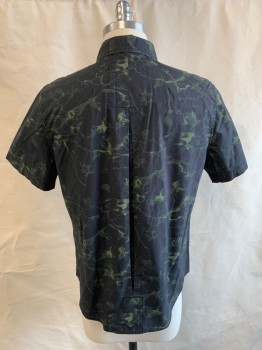 SAKS FIFTH AVENUE, Black, Dk Olive Grn, Lt Green, Cotton, Abstract , S/S, Button Front, Chest Pocket, Inverted Pleated Back