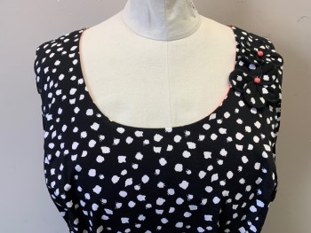 ROBBIE BEE, Black, White, Cotton, Spandex, Dots, Scoop Neck, 2 Fabric Flowers with Pink Button Centers, Pink Grosgrain Ribbon Belt, Center Back Zipper,