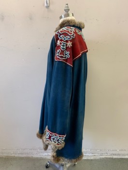 Mens, Historical Fiction Tunic, NL, Teal Blue, Maroon Red, Turquoise Blue, White, Wool, Fur, S. 37, C. 60, L. 39, Inuit Tunic, Pony Beads White & Turquoise Against a Maroon Wool on Chest Shoulder, Upper Backs & Sleeves,  Fur Along Bottom Hem, End of Sleeves & Around Neck,