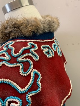 Mens, Historical Fiction Tunic, NL, Teal Blue, Maroon Red, Turquoise Blue, White, Wool, Fur, S. 37, C. 60, L. 39, Inuit Tunic, Pony Beads White & Turquoise Against a Maroon Wool on Chest Shoulder, Upper Backs & Sleeves,  Fur Along Bottom Hem, End of Sleeves & Around Neck,