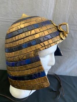 Unisex, Historical Fiction Headpiece, N/L MTO, Gold, Navy Blue, Fiberglass, Stripes, Crackled Texture, Coiled Cobra Snake Charm at Center Front with Hieroglyphics Tab, Small Point at Crown of Head, Suede Straps Inside, Made To Order