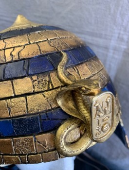 Unisex, Historical Fiction Headpiece, N/L MTO, Gold, Navy Blue, Fiberglass, Stripes, Crackled Texture, Coiled Cobra Snake Charm at Center Front with Hieroglyphics Tab, Small Point at Crown of Head, Suede Straps Inside, Made To Order