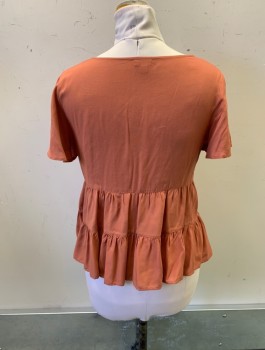 LOVE FIRE, Rust Orange, Rayon, Solid, Scoop Neck, S/S, 3 Buttons,