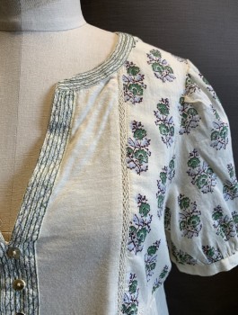LUCKY BRAND, Beige, Polyester, Floral, V-N, S/S, 3 Buttons, Light Blue and Green Floral Print on Sleeves and Bust