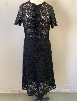 ZARA, Black, Polyester, Solid, Pull Over Top, Short Sleeve, Lace Floral, See Through, Ruffle at Center Front, Button Attached at Center Back