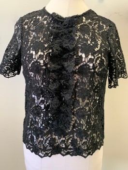 ZARA, Black, Polyester, Solid, Pull Over Top, Short Sleeve, Lace Floral, See Through, Ruffle at Center Front, Button Attached at Center Back