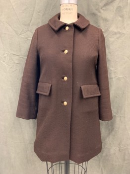 N/L, Chocolate Brown, Wool, Solid, Short, Twill, Single Breasted, Gold Embossed Buttons, Collar Attached, Long Sleeves, 2 Flap Pockets, Back Waist Seam with Pleat, Animal Print Terry Lining