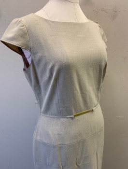 TAHARI, Lt Beige, Polyester, Rayon, Solid, Cap Sleeves, Bateau/Boat Neck, 1/4" Self Waistband Detail with Gold Rectangular Metal Bar at Center Waist, Straight Cut Hips, Knee Length, Invisible Zipper in Back