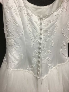 Womens, Wedding Gown, Mori Lee, White, Silk, Beaded, Solid, Floral, 6, White Satin Bodice Cap Sleeves, with Big Poofy Layered Mesh Netting with White Floral Beadwork, See Photo Attached,