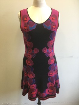 DVF, Black, Magenta Purple, Red, Blue, Viscose, Polyester, Floral, Black with Magenta, Red and Blue Floral Pattern Knit, Sleeveless, Scoop Neck, A-Line Skirt, Knee Length