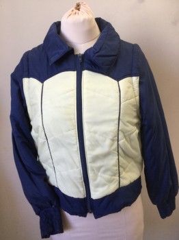 Womens, Jacket, NL, Navy Blue, Cream, Nylon, Polyester, Chevron, 12, Navy Puffy, Chevron Front Panel with Vertical Navy Piping Trim in the Middle, Solid Navy Lining, Collar Attached, 2 Side Pocket, Gathered Elastic Waist Band Back & Long Sleeves Cuffs