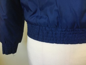 Womens, Jacket, NL, Navy Blue, Cream, Nylon, Polyester, Chevron, 12, Navy Puffy, Chevron Front Panel with Vertical Navy Piping Trim in the Middle, Solid Navy Lining, Collar Attached, 2 Side Pocket, Gathered Elastic Waist Band Back & Long Sleeves Cuffs