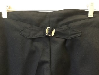 Mens, Pants 1890s-1910s, MTO, Black, Wool, Polyester, Solid, 30, 34, Black, 1" Waist Band with 4 Suspender Buttons, Flat Front, Button Front, 2 Side Pockets, Adjustable Short Belt with Metal Buckle, Center Top Back,