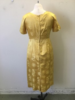 ANN KAUFMAN, Goldenrod Yellow, Silk, Synthetic, Floral, Golden Yellow Chinese Floral Brocade. Jewel Neck, Fitted at Waist. Short Sleeves, Zipper Center Back,