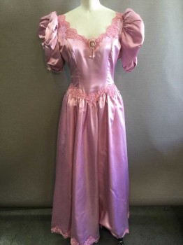 Womens, Brides Maid Dre, N/L, Mauve Pink, Polyester, Solid, Floral, W: 38, B: 44, Satin, Poofy Bubble Short Sleeves, Sweetheart Neckline, V Shape Waist with Full, Gathered Skirt, Mauve Lace Trim At Neckline, Waist and Hem, Pink Pearl Detail At Bust, Sleeves, Cream Pearls At Center Back with Large Self Fabric Bow, Hem Mid-calf,  Multiples,