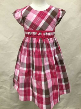 Childrens, Dress, GYMBOREE, Fuchsia Pink, Lt Pink, Dk Brown, White, Cotton, Polyester, Plaid, 6 Girl, Cap Sleeves Gathered at Shoulders, Scoop Neck, 1" Wide Gathered Panel at Waist with 2 Fuchsia Grosgrain Stripes at Either Side, with 2 3D Bows at Center Front Waist, Gathered Voluminous Skirt with Solid Fuchsia Tulle Ruffle/Underlayer at Hem, Center Back Zipper