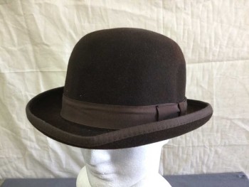 Mens, Bowler Hat 1890s-1910s, GOLDEN GATE HAT CO, Brown, Wool, Solid, 7 1/4, Grosgrain Band and Bow, Grosgrain Edge Trim, Little Aged/Distressed,