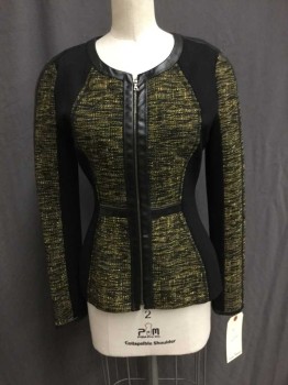 YOANA BARASCHI, Black, Yellow, Acrylic, Polyester, 2 Color Weave, Textured Woven with Black Patent Leather Trim and Solid Black Side Panels and Underarms, Zip Front, No Collar, 1/2 Zip Waist Detail On Patent Leather Waist Trim