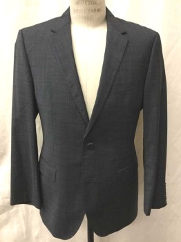 HUGO BOSS, Dk Gray, Charcoal Gray, Wool, Spandex, Glen Plaid, Grid , Dark Gray with Charcoal Glen Plaid, Faint Charcoal Grid Pattern, Single Breasted, Notched Lapel, 2 Buttons,  3 Pockets, Black Lining
