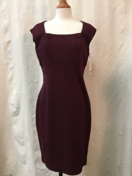 CALVIN KLEIN, Red Burgundy, Synthetic, Solid, Burgundy, Square Neck with Two Buttons, Cap Sleeve