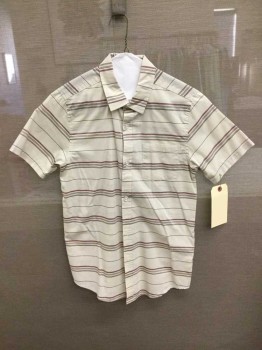O'NEILL, Khaki Brown, Lt Brown, Dk Red, Cotton, Polyester, Stripes - Diagonal , Short Sleeve,  Collar Attached,  Button Front, 1 Pocket,