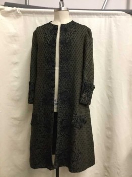 Mens, Historical Fiction Frock Coat, Olive Green, Black, Cotton, Rayon, Floral, 44, Crew Neck, 15 Buttons At Center Front, Black Floral Embroidered Edges. Wide Cuffs Wit Black Floral Embroidery,3 Buttoned Embroidered Pocket Flaps. Floral Embroidery At Center Back Waist with Center Back Slit