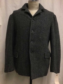 Mens, Jacket 1890s-1910s, NL, Heather Gray, Black, Wool, Herringbone, 40, Notched Lapel, Button Front, 2 Flap Pockets,
