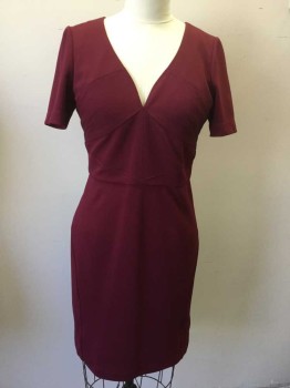 L. SPOKE, Wine Red, Polyester, Cotton, Solid, Self Diagonal Wine, Deep V-neck, Short Sleeves, Diagonal Seams Work Front and Back Waist, Zip Back,