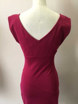 DVF, Magenta Purple, Viscose, Polyester, Solid, with Extended Shoulders, Scoop Neck, Diagonal Center Section, Pleated Horizontally From Side Seam, Side Zipper, V-neck Back