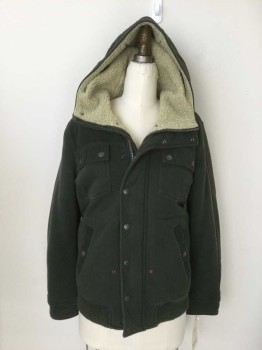 DIESEL, Olive Green, Cream, Cotton, Polyester, Solid, Jersey, Padded, Heavy, Zip & Snap Front, 4 Pockets, Poly Fleece Lined Hood, Rib Knit Waistband, Corduroy Trims