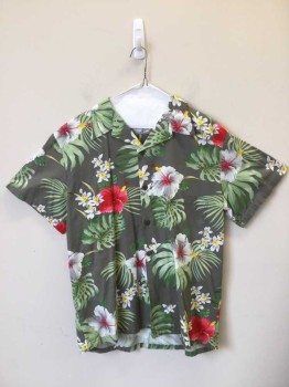 HIGH SURF, Sage Green, Green, White, Yellow, Red, Cotton, Floral, Bold Floral Print on Sage Background. Short Sleeves, Open Collar, 1 Pocket,
