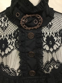 LIP SERVICE, Black, Cotton, Spandex, Solid, Black Stretch Cotton, with Black Lace Yoke & Ruffled Trim, Self Ruffled Cap Sleeves, Belted Stand Collar with Copper Buckle, 3 Button Placket, Fancy Copper Filigree O Rings at Waist to Hook Skirt Upon, Back Zip