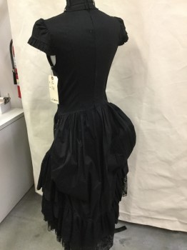 LIP SERVICE, Black, Cotton, Spandex, Solid, Black Stretch Cotton, with Black Lace Yoke & Ruffled Trim, Self Ruffled Cap Sleeves, Belted Stand Collar with Copper Buckle, 3 Button Placket, Fancy Copper Filigree O Rings at Waist to Hook Skirt Upon, Back Zip