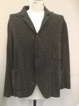 Mens, Jacket 1890s-1910s, N/L, Brown, Charcoal Gray, Orange, White, Wool, Birds Eye Weave, Speckled, 44R, Brown and Charcoal Birdseye with Orange and White Flecks, Single Breasted, Notched Lapel, 3 Buttons,  3 Patch Pockets, No Lining,