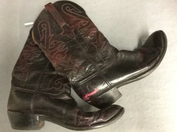 LUCCHESE, Black, Cordovan Red, Leather, Black Leather with Cordovan Tint, Black Embroidery, 1.5" Heel, **Worn Throughout