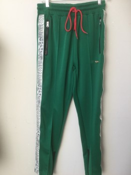 Mens, Sweatsuit Pants, REASON, Emerald Green, Red, Polyester, Solid, Animal Print, Medium, Zipper Pockets,  White Snake Trim, Zipper Ankles, Red Draw String