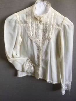 N/L, Yellow, Cotton, Patent Leather, Solid, Blouse, Pale Yellow, Vertical Cream Lace Yoke, Pearl Button Front, Long Sleeves,