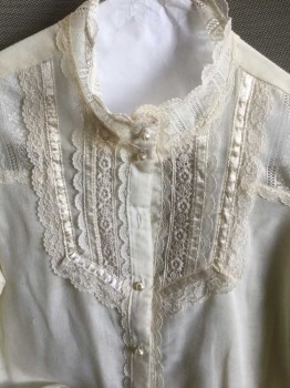N/L, Yellow, Cotton, Patent Leather, Solid, Blouse, Pale Yellow, Vertical Cream Lace Yoke, Pearl Button Front, Long Sleeves,