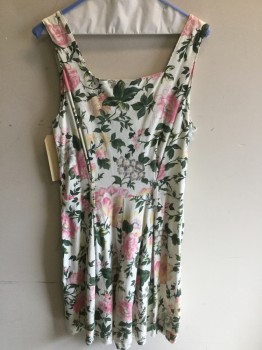 Womens, Romper, FADS, White, Pink, Green, Yellow, Gray, Cotton, Floral, M, Sleeveless, Button Front, Scoop Neck, Belt Loops (missing Belt)