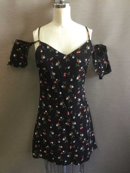 HONEY PUNCH, Black, Red, Green, White, Rayon, Novelty Pattern, Black with Cherries Pattern Crepe, Spaghetti Strap with Short Off the Shoulder Sleeves, Hem Mini, Invisible Zipper at Center Back