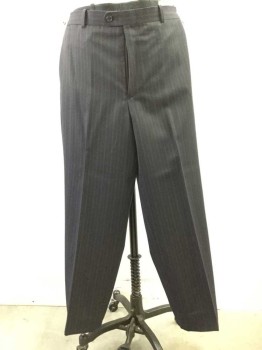 Mens, Suit, Pants, Material London, Navy Blue, Tan Brown, Lt Gray, Wool, Stripes - Vertical , Flat Front, Button Tab